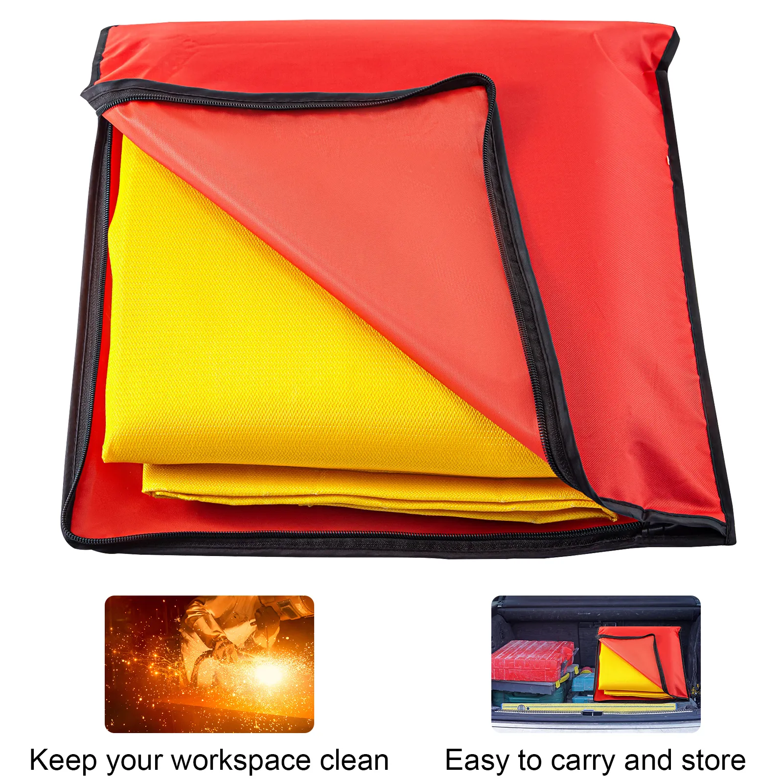 VEVOR welding blanket in red and yellow pouch, promotes cleanliness and portability.