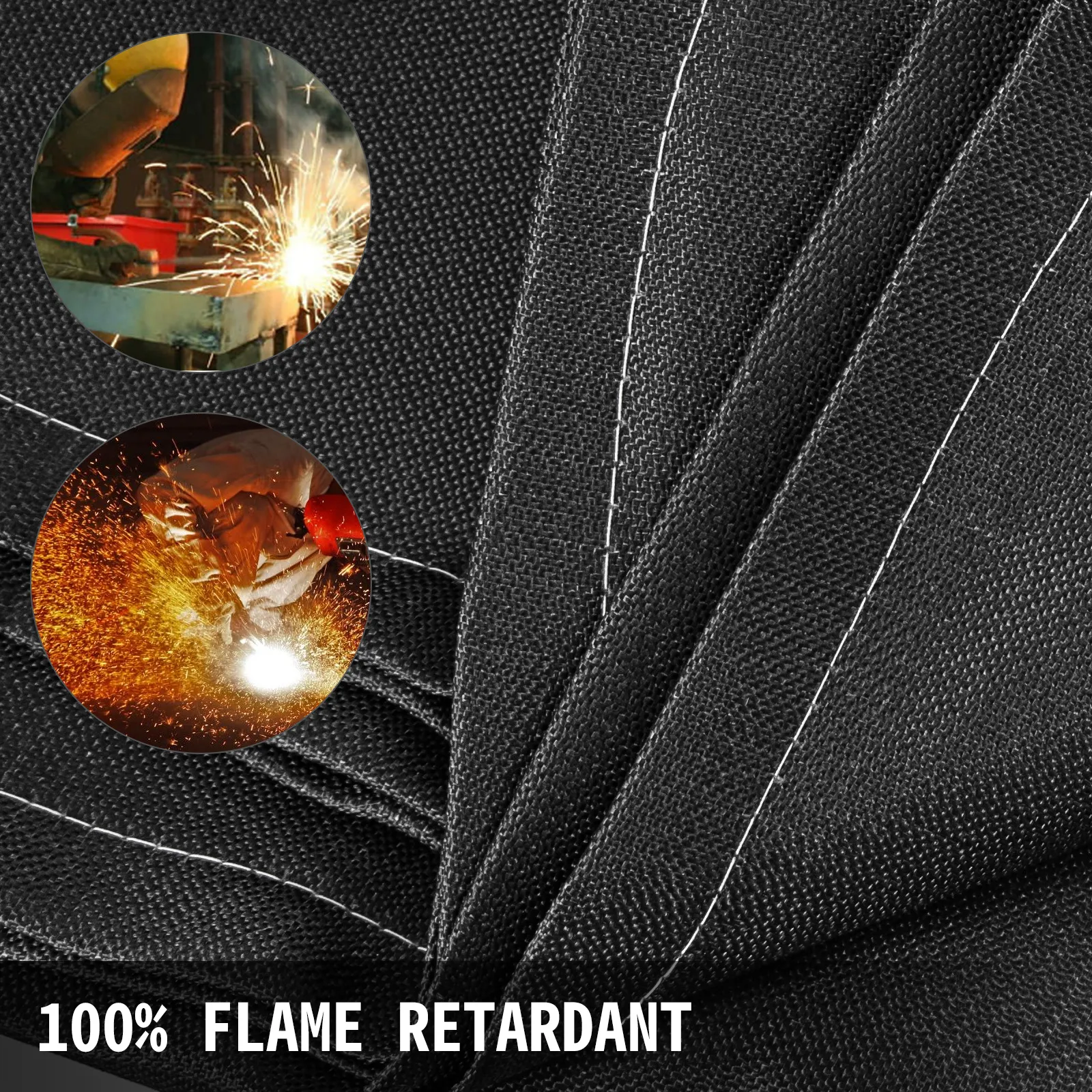 VEVOR welding blanket displays 100% flame retardant material with two welding scenes.