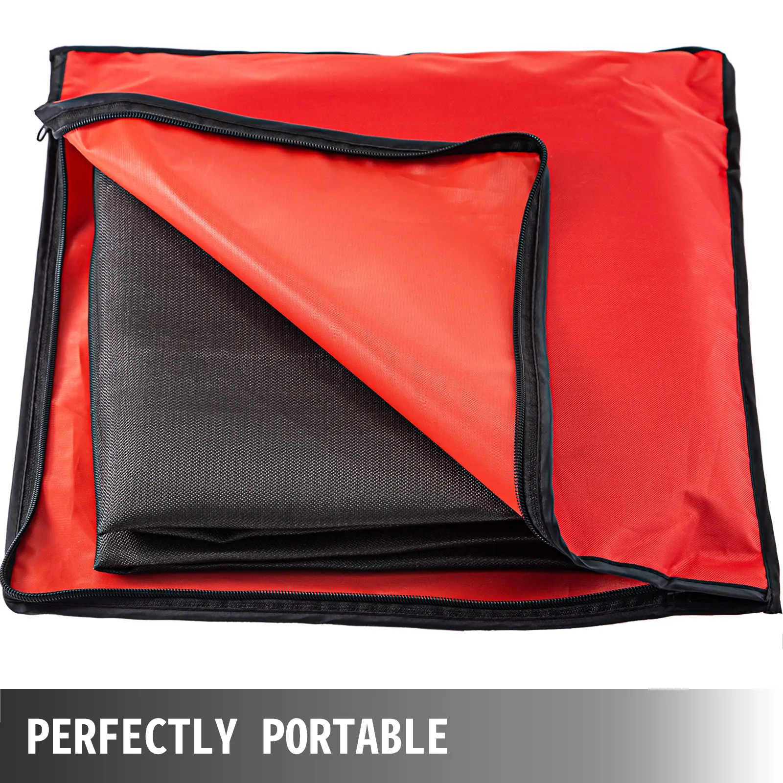 VEVOR welding blanket in a red carrying case, folded and labeled 'perfectly portable'.