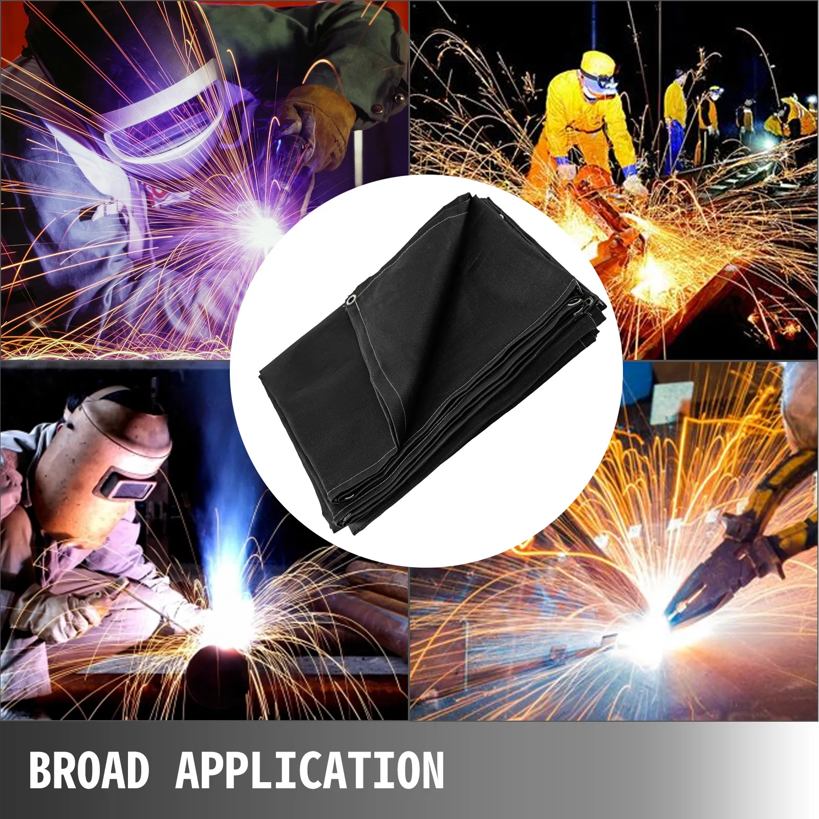 various welding scenes showcasing VEVOR welding blanket for broad application.