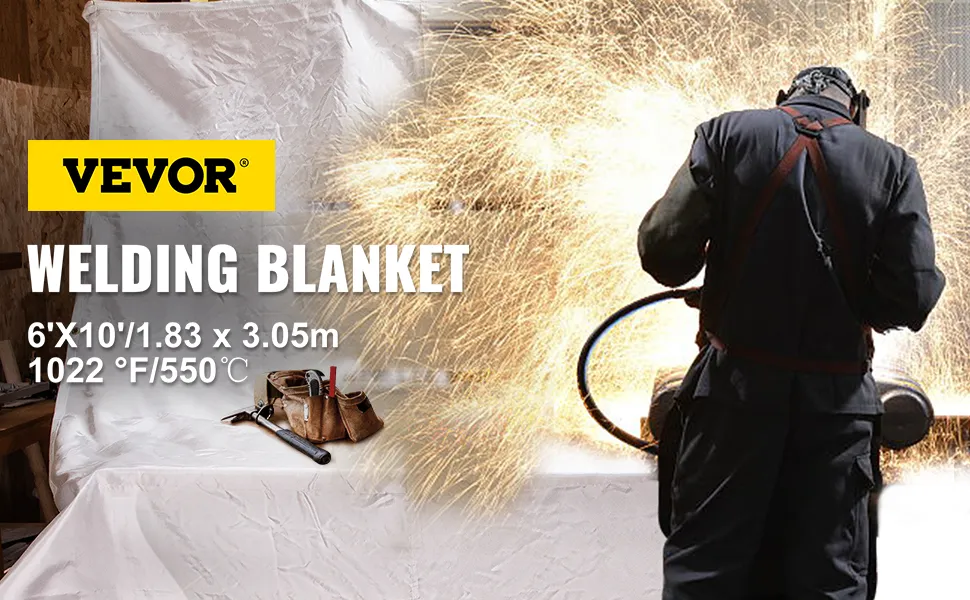 VEVOR fire blanket used during welding with sparks flying in the background.