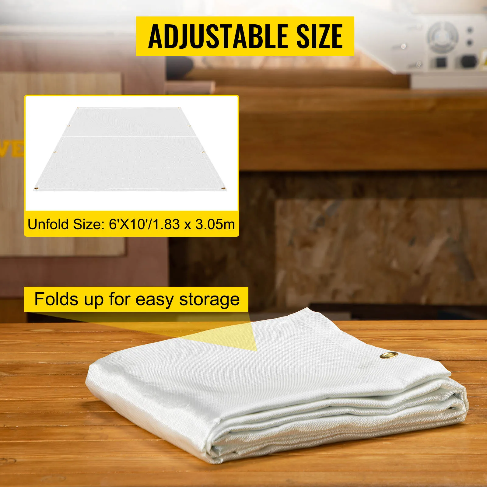 VEVOR fire blanket folded on a wooden table, with adjustable size display.