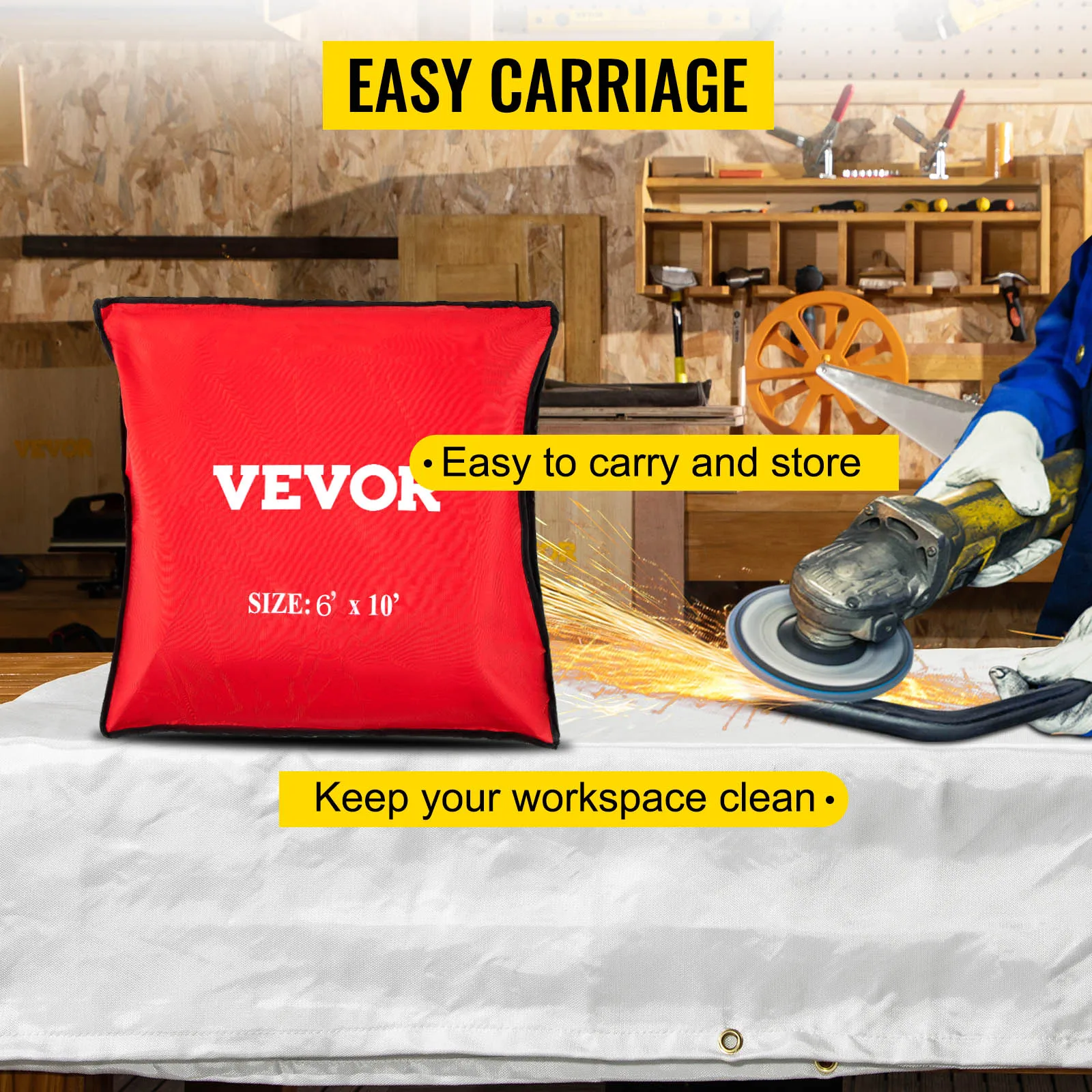 VEVOR fire blanket in workshop with grinding sparks, easy to carry and store.