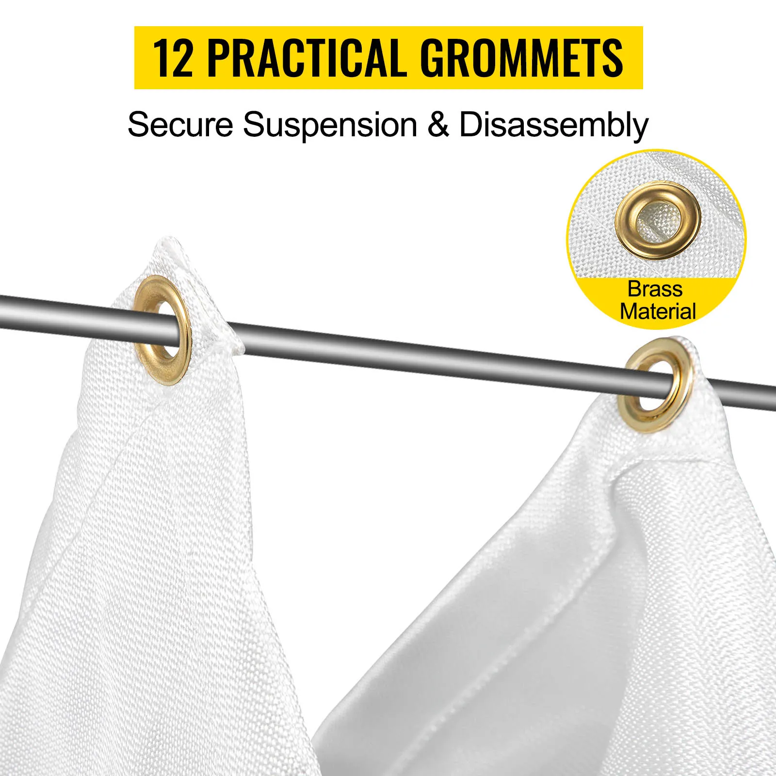 12 messing ringen op VEVOR branddekens voor veilige ophanging en eenvoudige demontage.