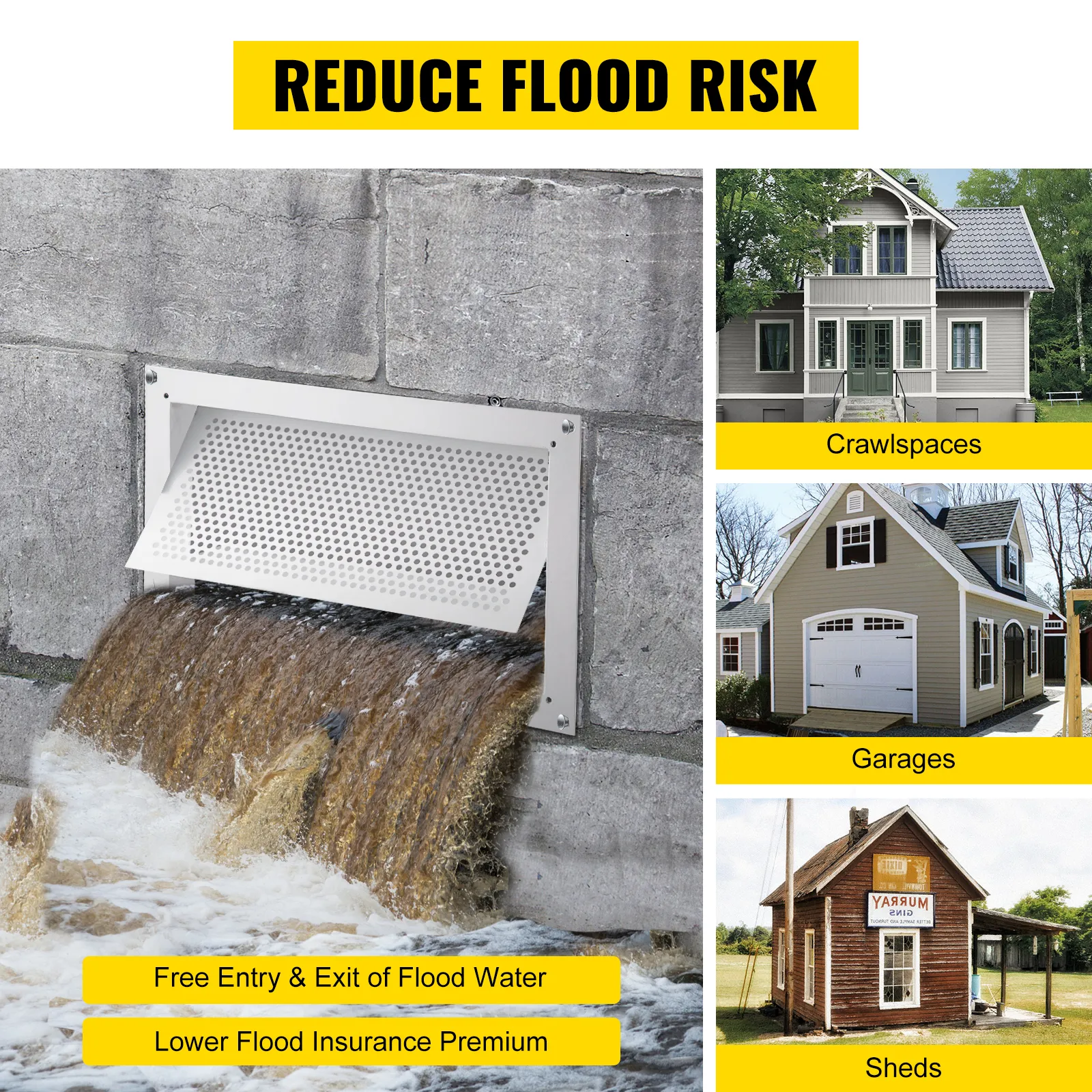 VEVOR flood vent reducing flood risk for crawlspaces, garages, and sheds.
