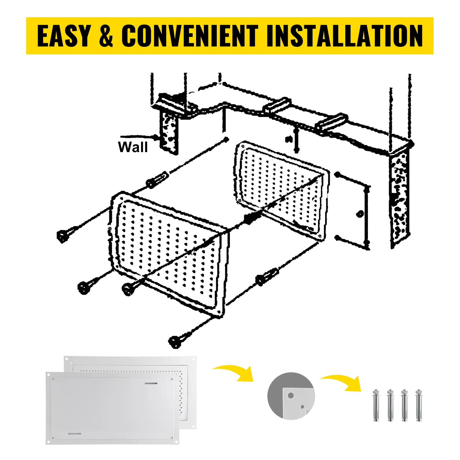 VEVOR flood vent installation steps showing wall placement and screws for easy setup.