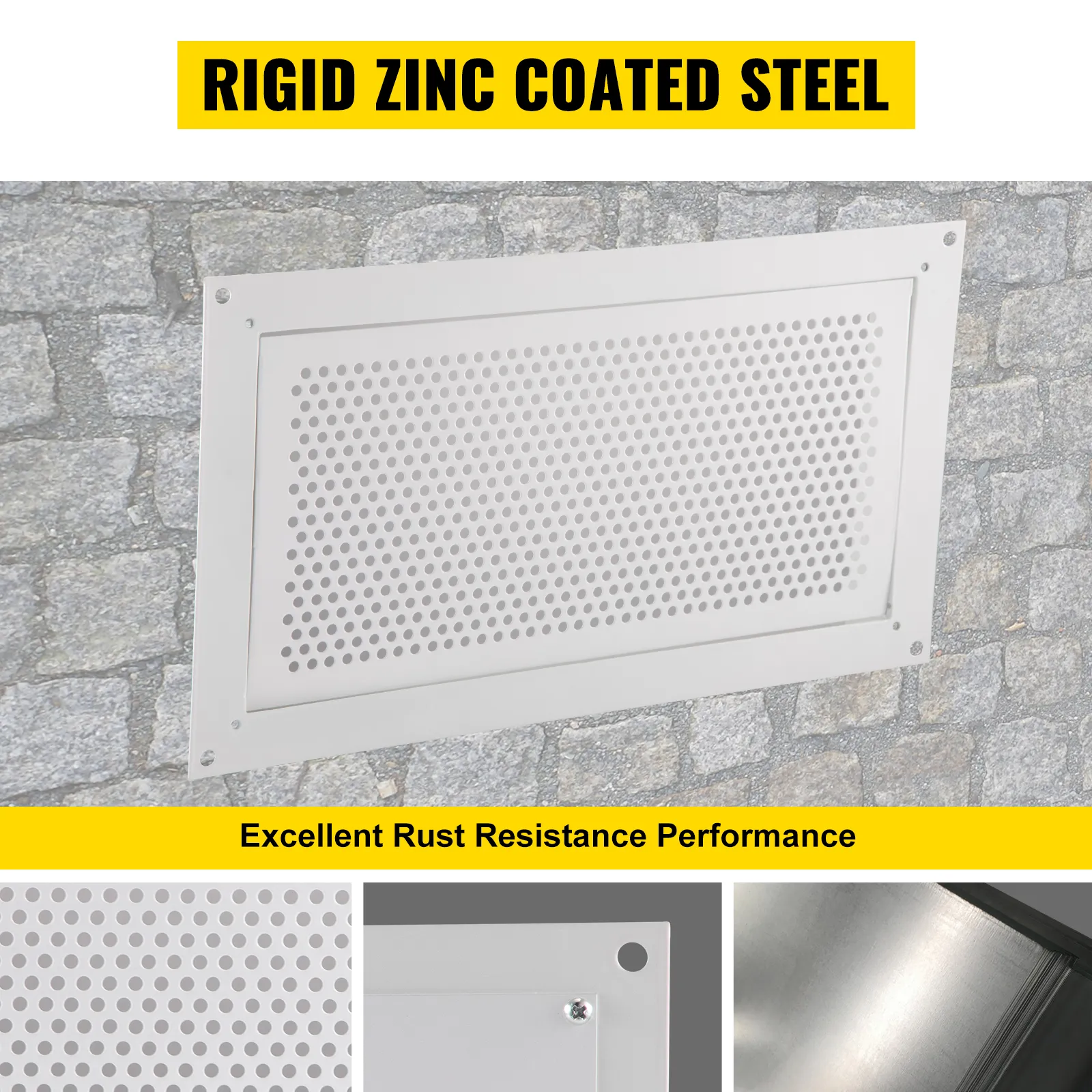 VEVOR flood vent with rigid zinc-coated steel, mounted on a stone wall, excellent rust resistance.