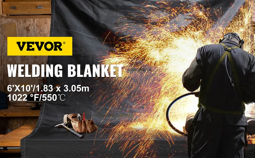 VEVOR fire blanket in use, shielding a welder from sparks at 1022°f/550°c.