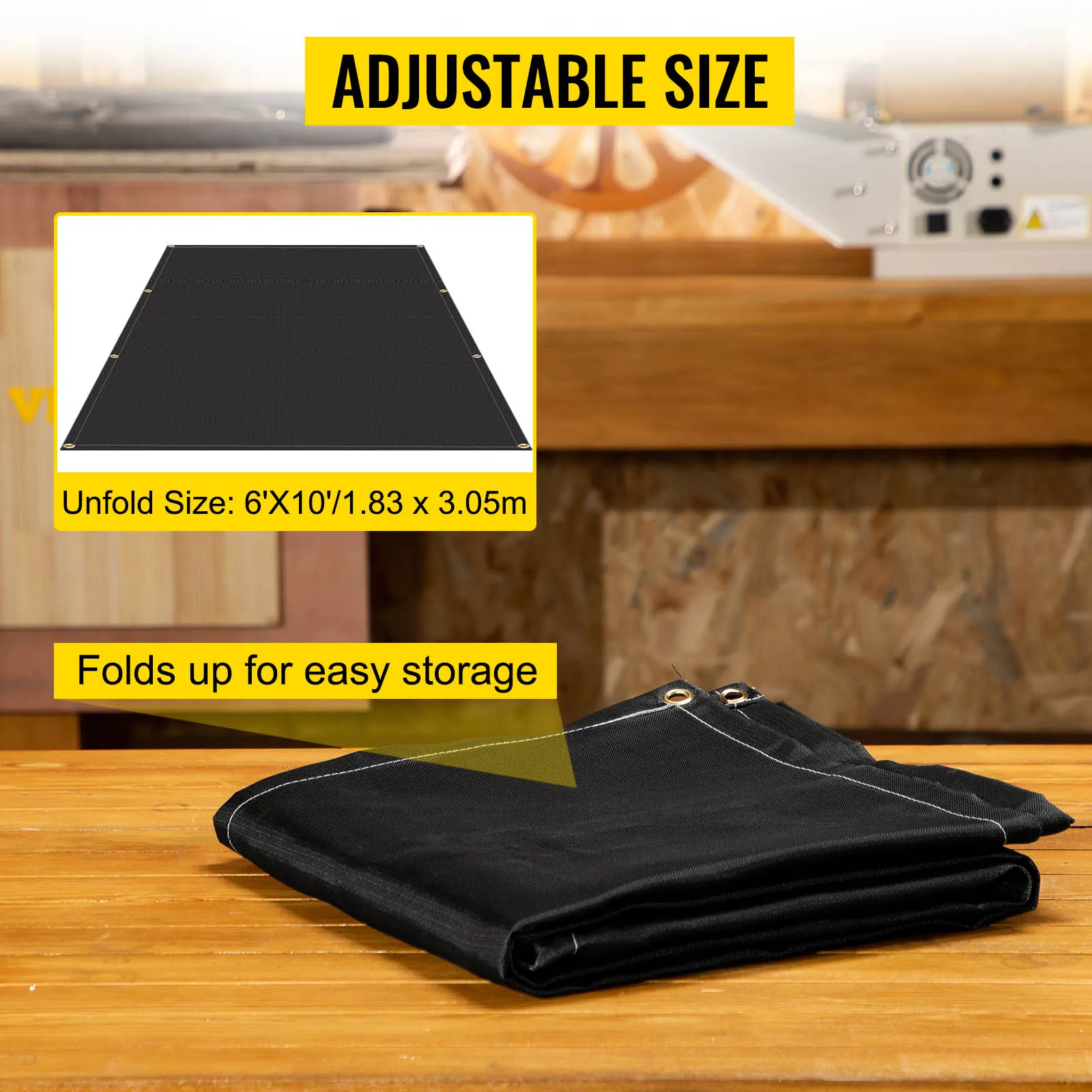 VEVOR fire blanket folded, showcasing adjustable size and easy storage with dimensions.