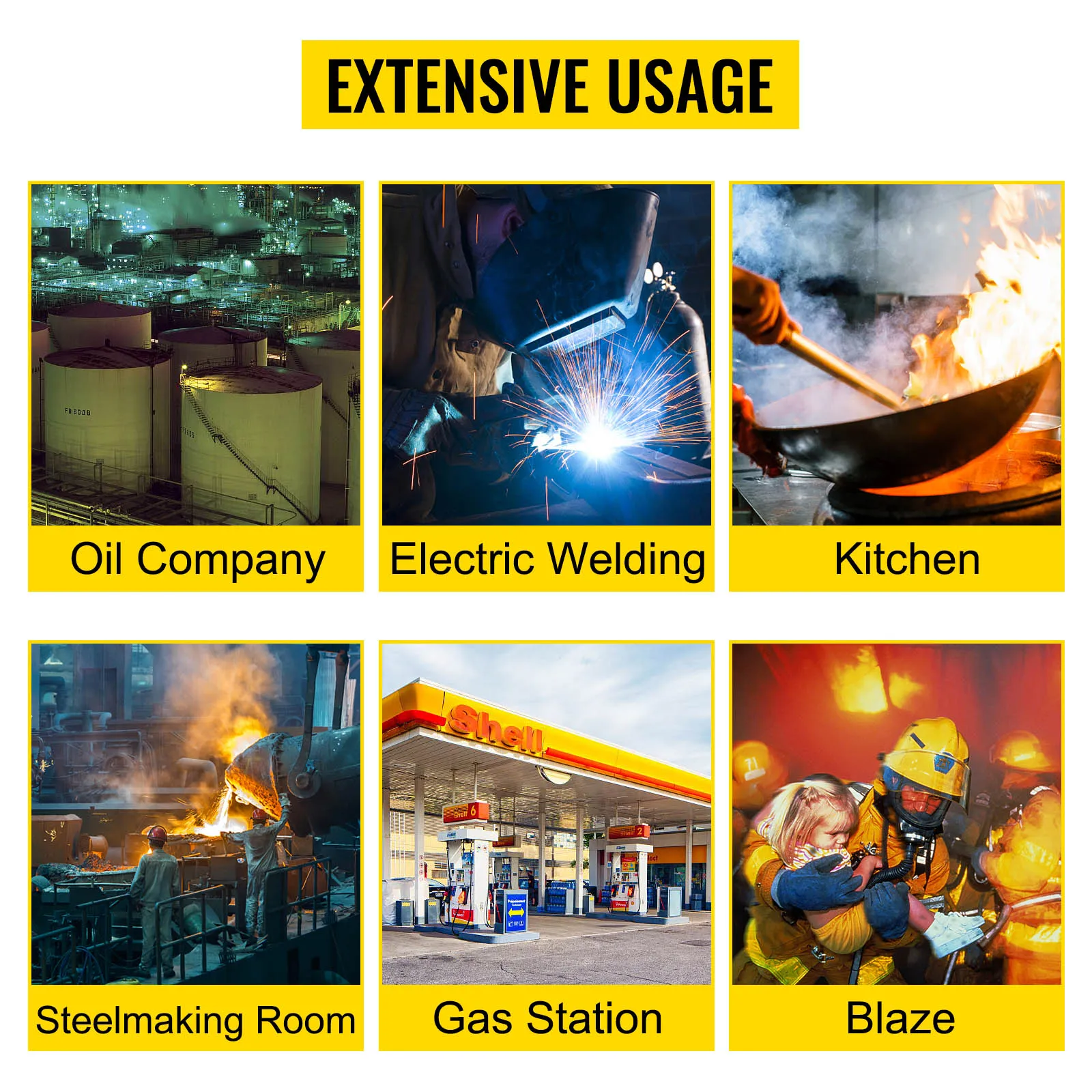VEVOR fire blanket uses: oil company, electric welding, kitchen, steelmaking, gas station, blaze.