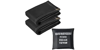 two black folded VEVOR fire blankets with brass grommets and matching storage pouch.