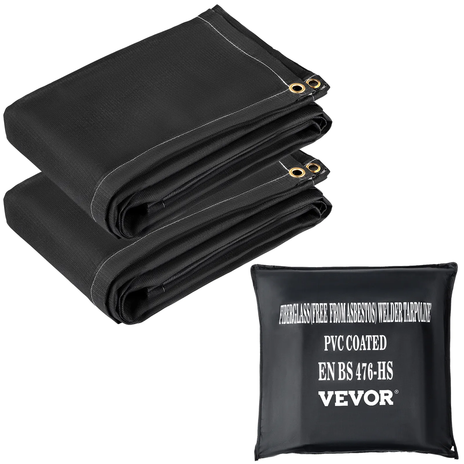 VEVOR fire blankets, black, pvc-coated, folded with metal grommets, logo visible.