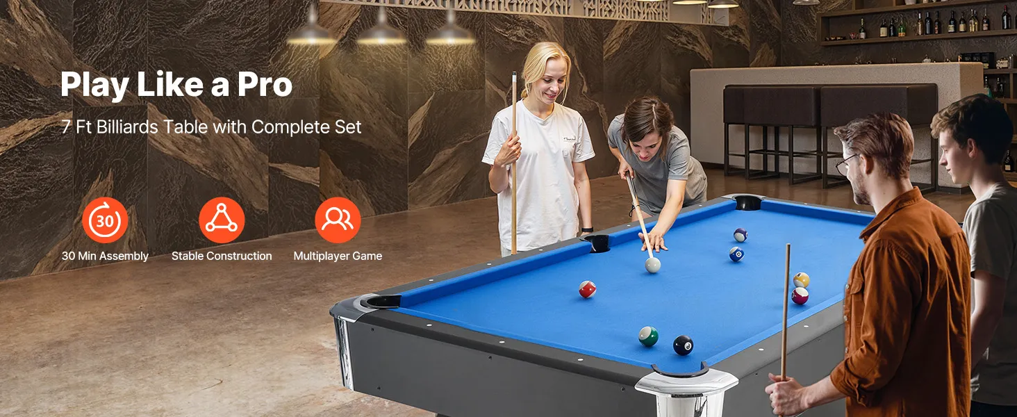 VEVOR Pool Table, 7 ft Portable Billiards Tables, Adjustable Feet Stable Game Table, Entertainment Set Includes Ball, Cue, Rack, Chalk and Brush, Black with Bule Cloth, for Family Use, Recreation Room