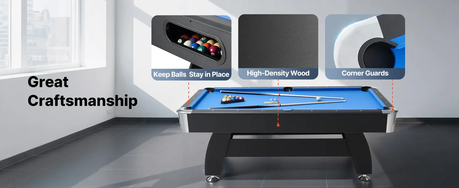 VEVOR Pool Table, 7 ft Portable Billiards Tables, Adjustable Feet Stable Game Table, Entertainment Set Includes Ball, Cue, Rack, Chalk and Brush, Black with Bule Cloth, for Family Use, Recreation Room