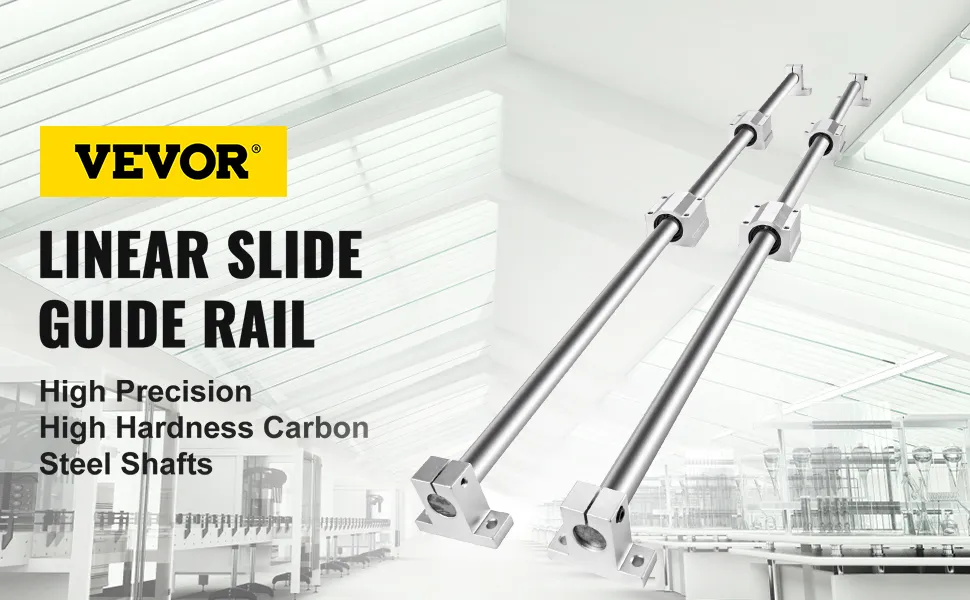 VEVOR linear rail with high precision and high hardness carbon steel shafts in a warehouse.