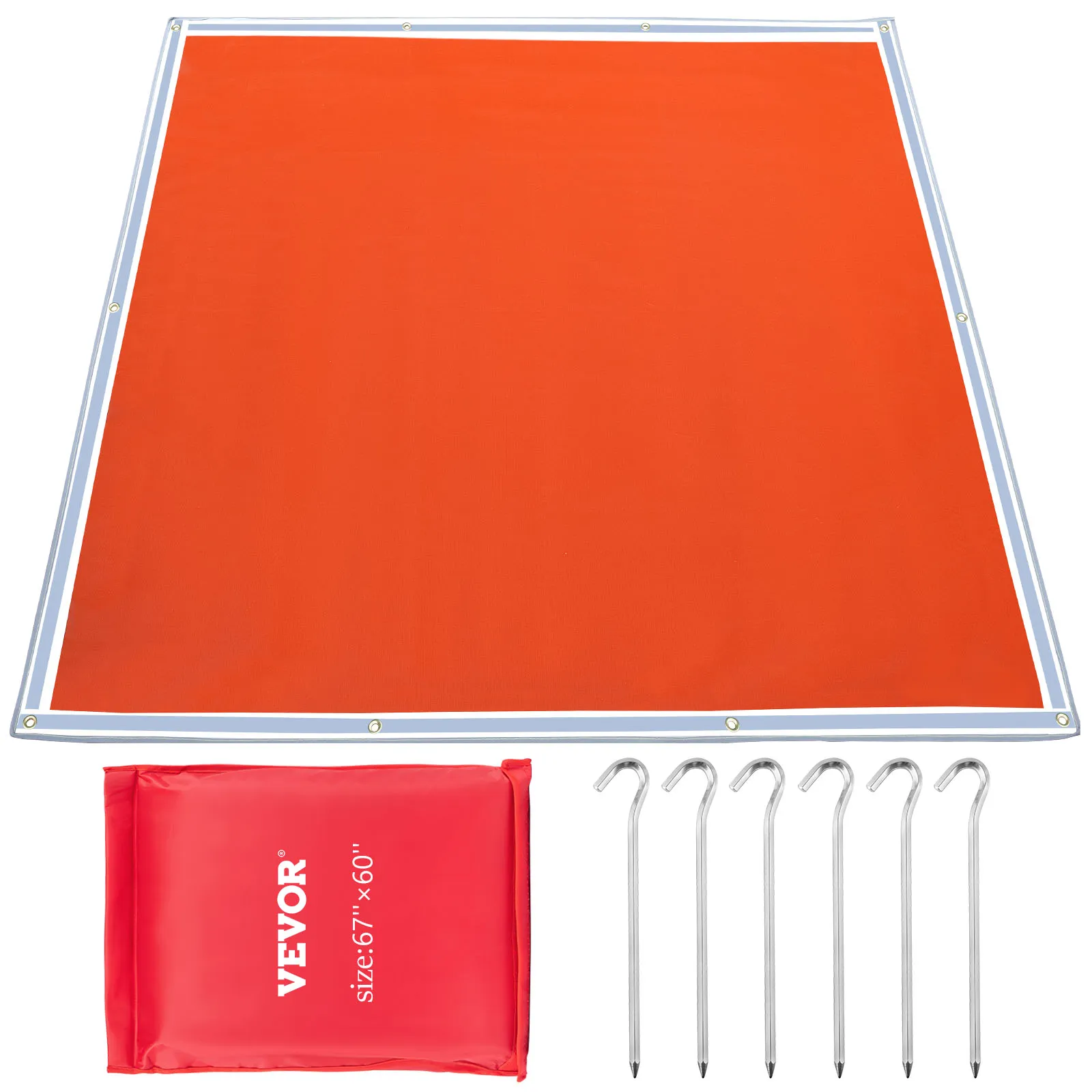 Alfombrilla para fogata VEVOR con estacas y estuche de transporte, tamaño 67" x 60", color rojo y plateado.