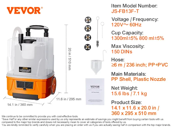 VEVOR paint sprayer with 1300ml cup, pp shell, and plastic nozzle, item model js-fb13f-t.
