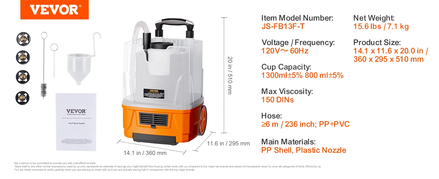 VEVOR paint sprayer with 1300ml cup, pp shell, and plastic nozzle, item model js-fb13f-t.
