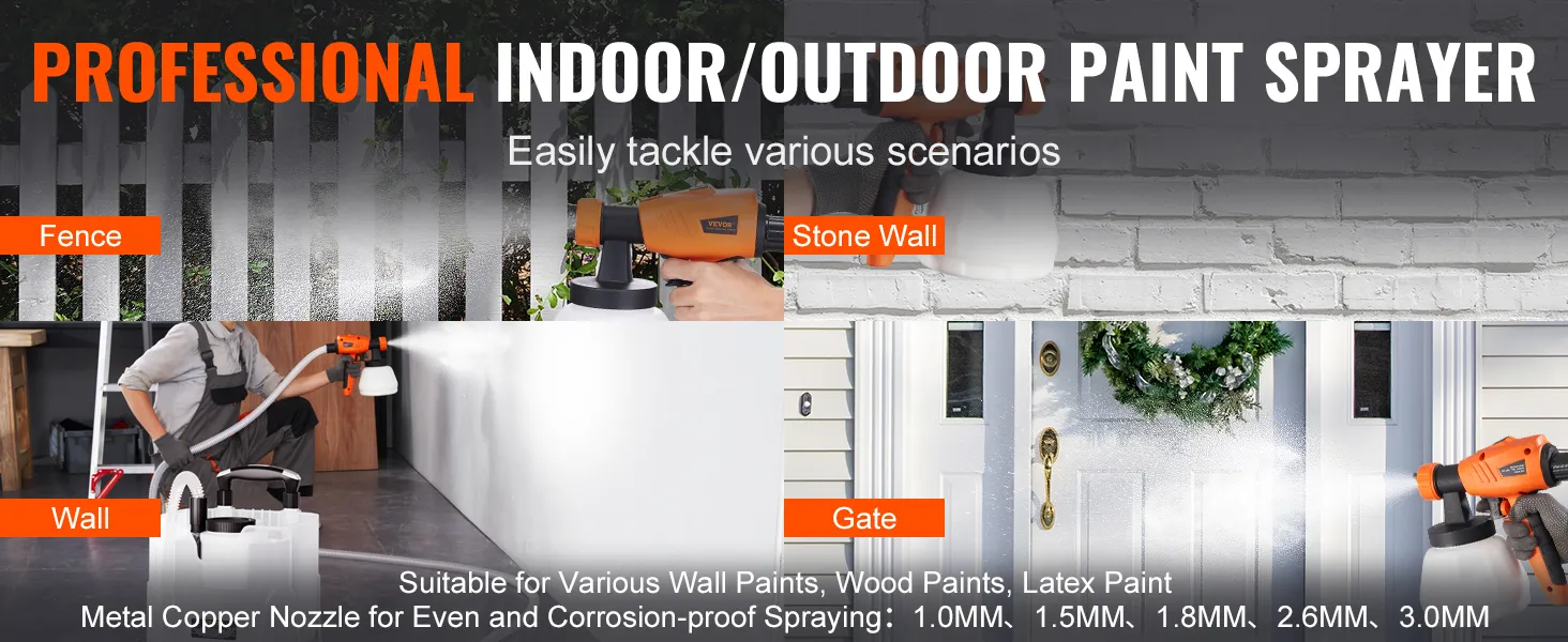 professional VEVOR paint sprayer for indoor/outdoor use on fences, stone walls, gates, and walls.
