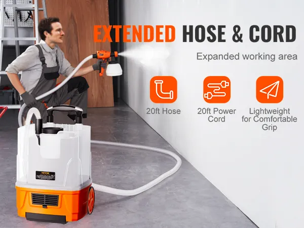 VEVOR paint sprayer with 20ft hose, 20ft power cord, and lightweight grip for extended reach.