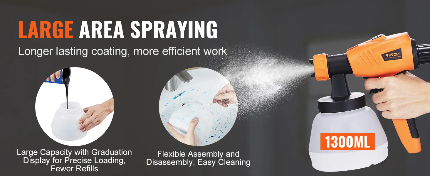 hand holding a VEVOR paint sprayer with 1300ml capacity, highlighting large area spraying and easy cleaning.