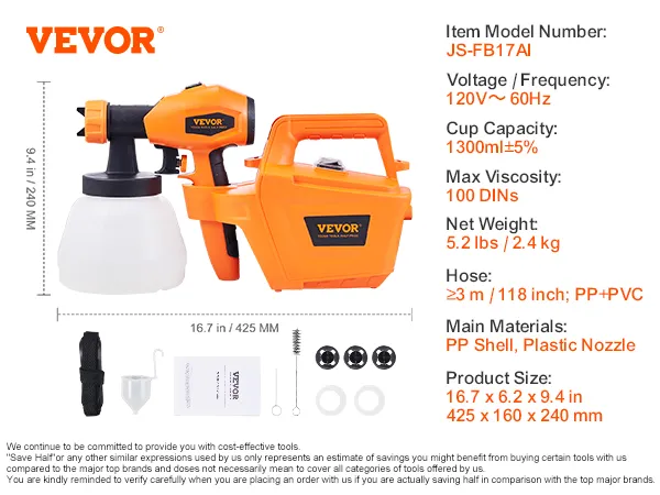 Pulverizador de pintura VEVOR con capacidad de taza de 1300 ml, 120 V 60 Hz, 5,2 lbs, manguera de 3 m, modelo js-fb17ai.