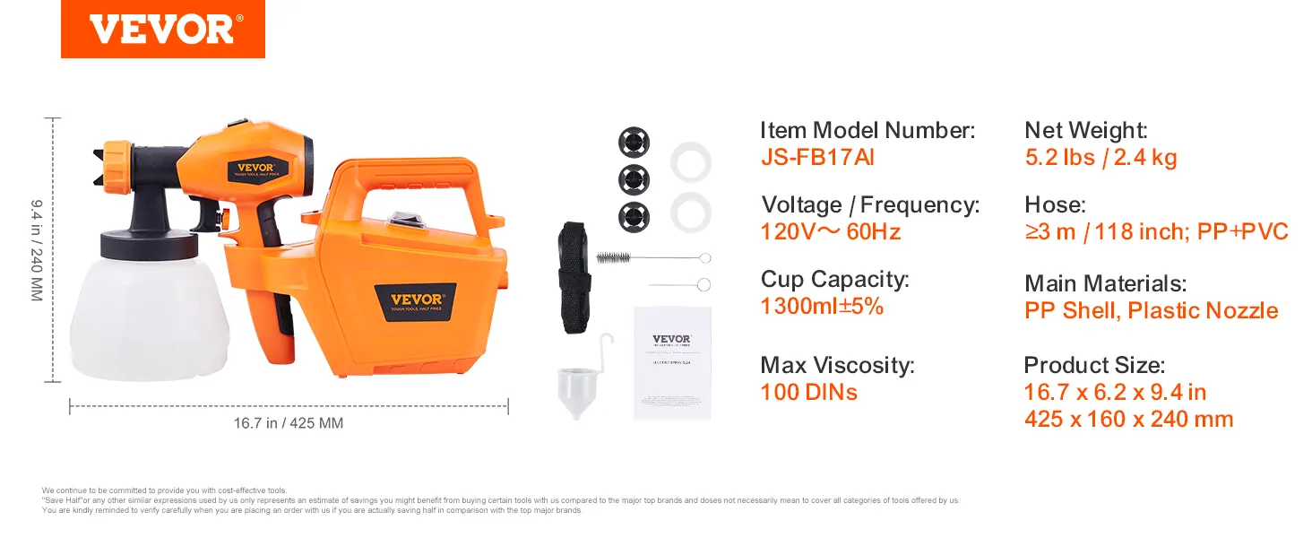 Pulverizador de pintura VEVOR con capacidad de taza de 1300 ml, 120 V 60 Hz, 5,2 lbs, manguera de 3 m, modelo js-fb17ai.