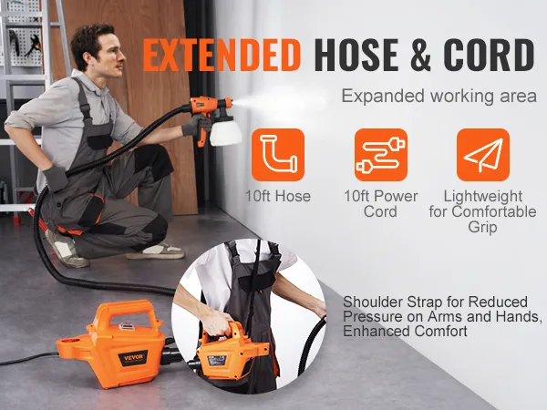 Hombre que usa un pulverizador de pintura VEVOR con manguera de 10 pies y cable de alimentación para un alcance extendido y un agarre cómodo.