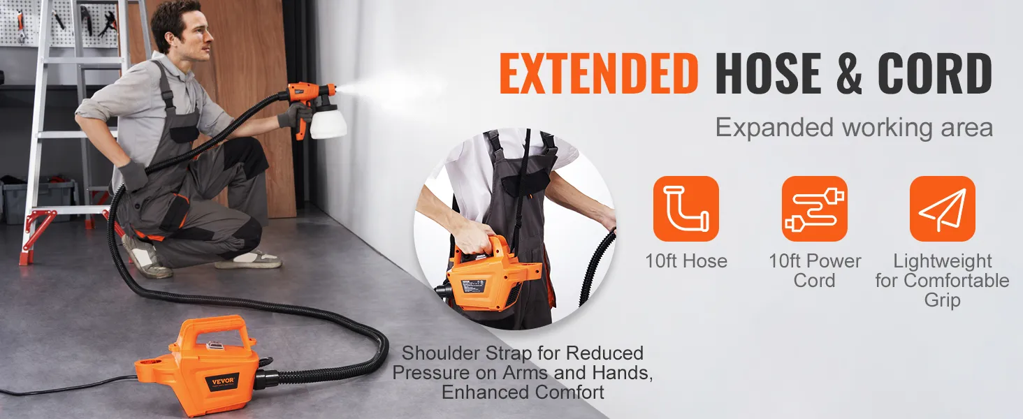 Hombre que usa un pulverizador de pintura VEVOR con manguera de 10 pies y cable de alimentación para un alcance extendido y un agarre cómodo.