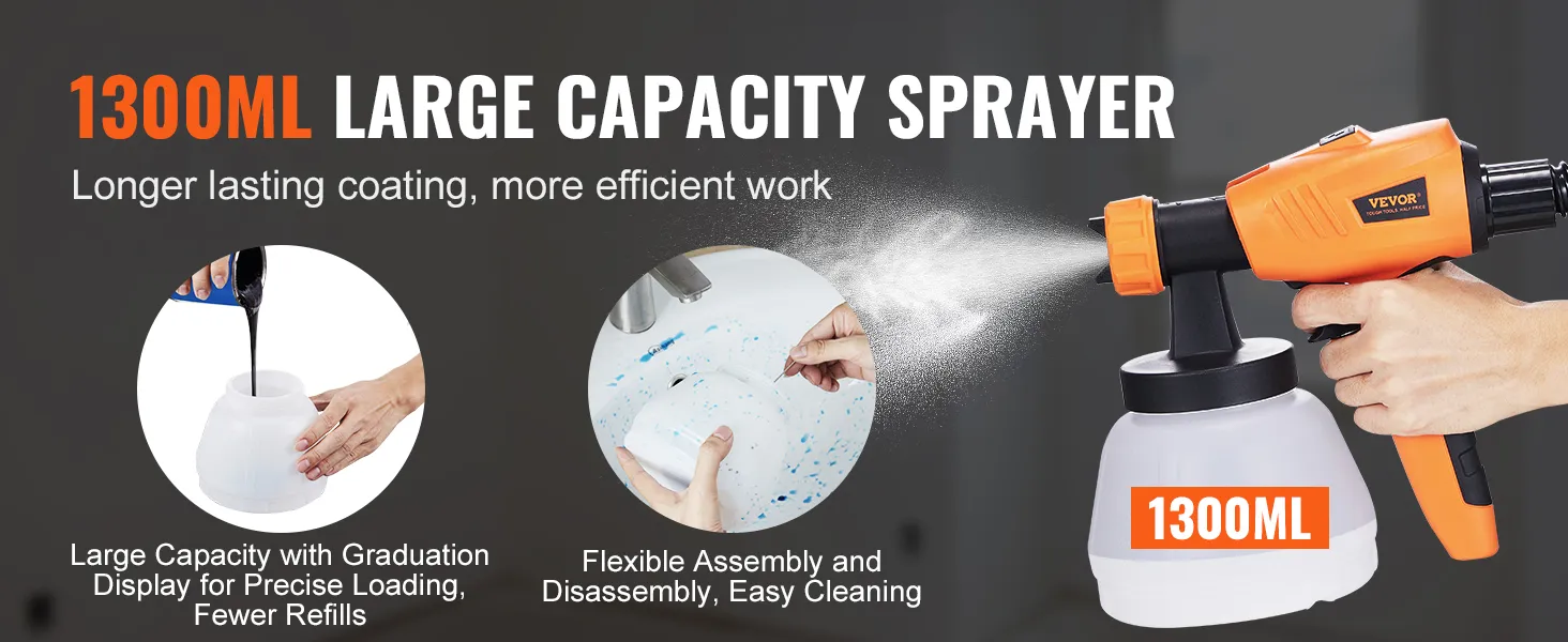 Pulverizador de pintura VEVOR de 1300 ml que ofrece un montaje flexible, una limpieza fácil y una carga precisa.