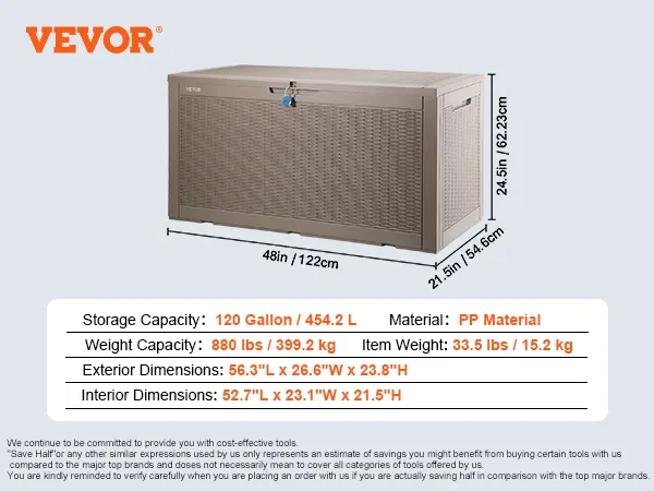 VEVOR deck box with 100-gallon capacity, 660 lbs weight limit, and made of pp material. dimensions listed.