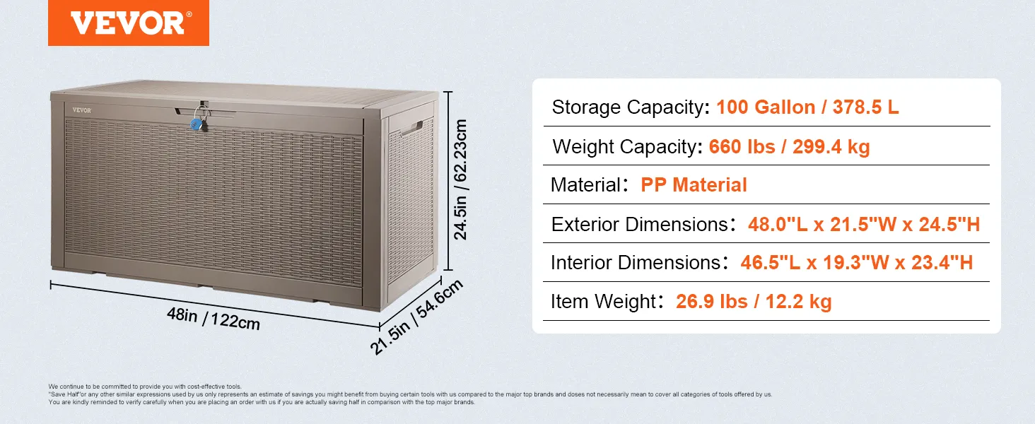 VEVOR deck box with 100-gallon capacity, 660 lbs weight limit, and made of pp material. dimensions listed.