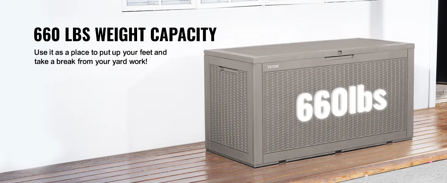 VEVOR deck box on wooden deck with 660 lbs weight capacity text. ideal for outdoor storage.