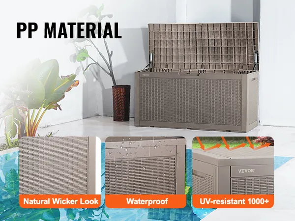 VEVOR deck box near pool, featuring natural wicker look, waterproof, and uv-resistant 1000+ features.