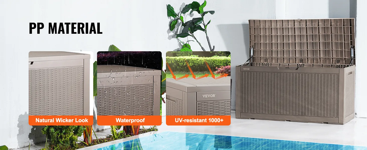 VEVOR deck box near pool, featuring natural wicker look, waterproof, and uv-resistant 1000+ features.