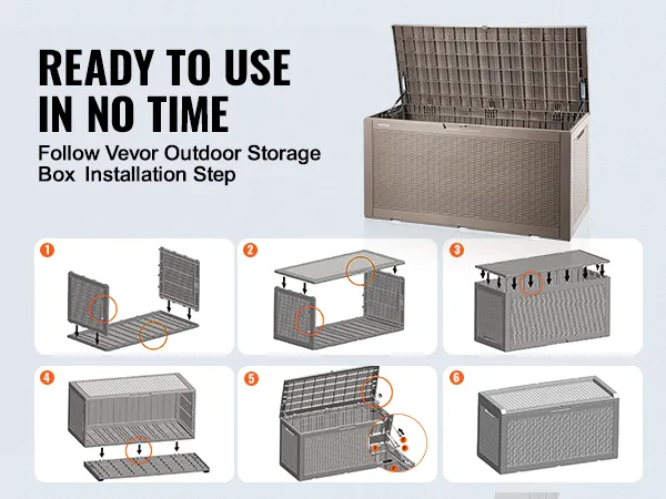VEVOR deck box installation steps with text "ready to use in no time" and image of assembled brown deck box.