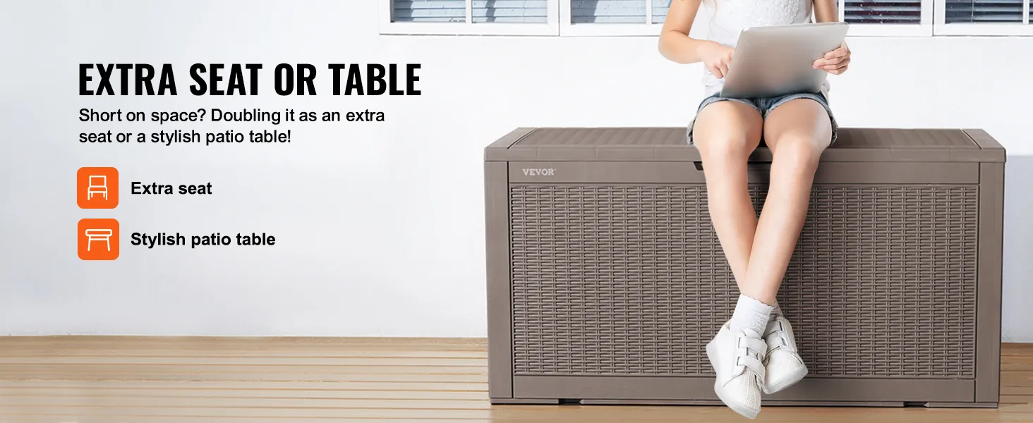 woman using laptop while sitting on a VEVOR deck box, multifunctional for seating or patio table.