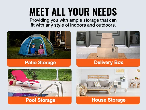 VEVOR deck box in various settings: patio, delivery, pool, and house storage options.