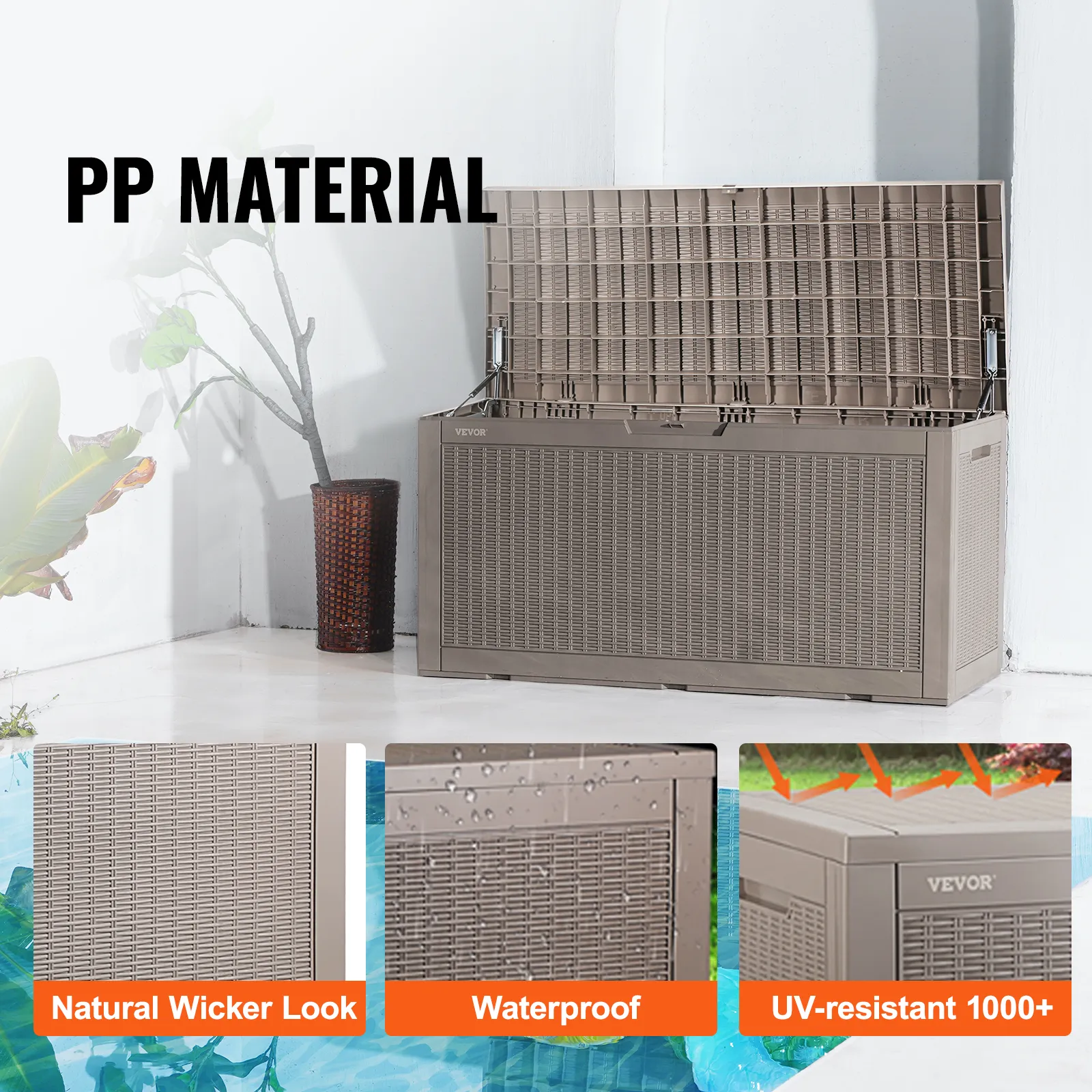 tan VEVOR deck box with woven texture and lid.