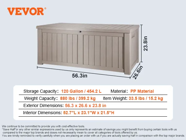 VEVOR deck box with 120-gallon capacity, 880 lbs capacity, pp material, and 48-inch length.