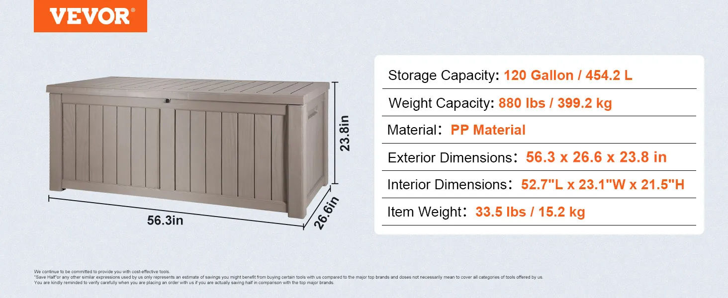 VEVOR deck box with 120-gallon capacity, 880 lbs capacity, pp material, and 48-inch length.