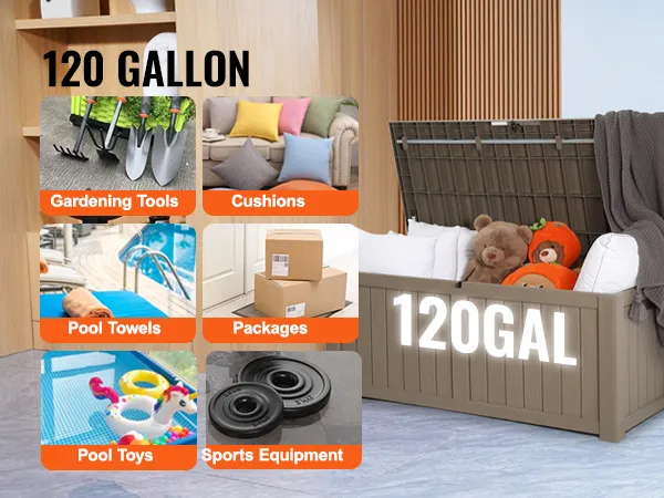VEVOR deck box 120 gallon filled with stuffed toys and blankets, with sections for tools, cushions, pool items, and sports gear.