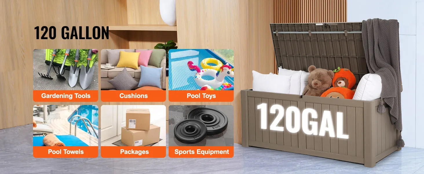 VEVOR deck box 120 gallon filled with stuffed toys and blankets, with sections for tools, cushions, pool items, and sports gear.