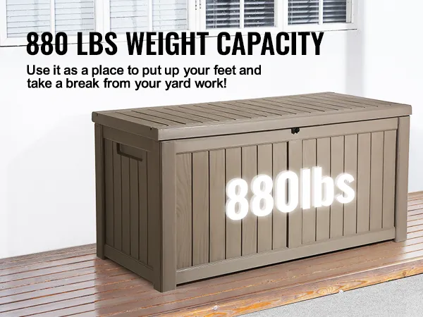 VEVOR deck box with 880 lbs weight capacity on a wooden deck next to a white wall.