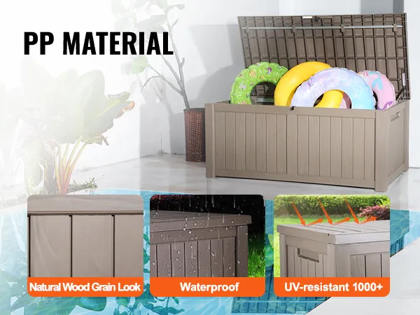 VEVOR deck box near pool with natural wood grain look, waterproof, and uv-resistant 1000+.