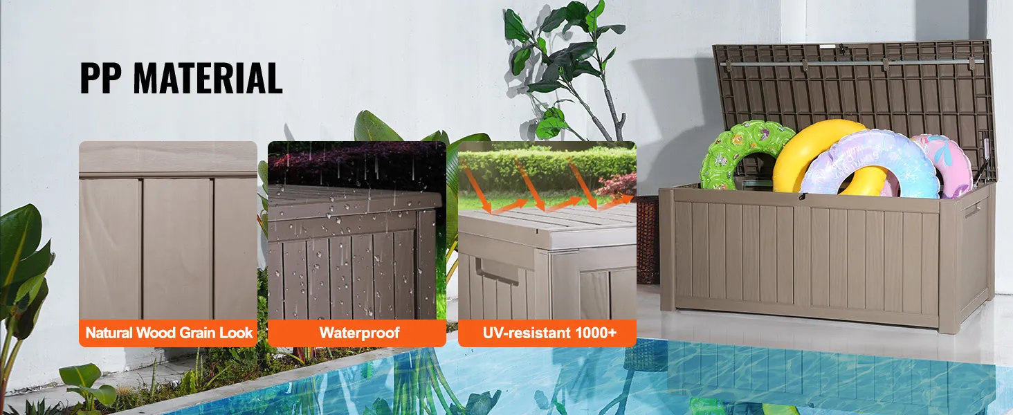 VEVOR deck box near pool with natural wood grain look, waterproof, and uv-resistant 1000+.