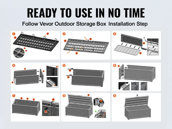 VEVOR deck box installation guide with 8 steps for assembly, showcasing detailed illustration and parts.