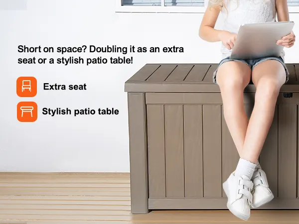 VEVOR deck box serving as an extra seat or stylish patio table, with text explaining its dual use.