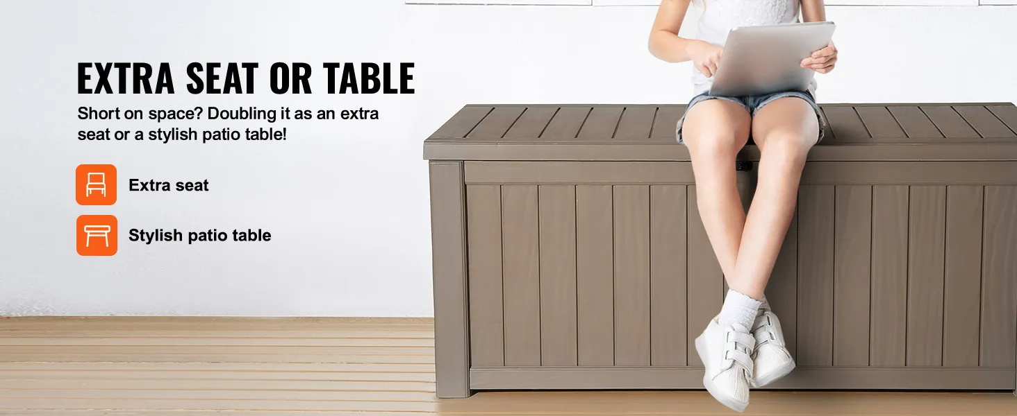 VEVOR deck box serving as an extra seat or stylish patio table, with text explaining its dual use.