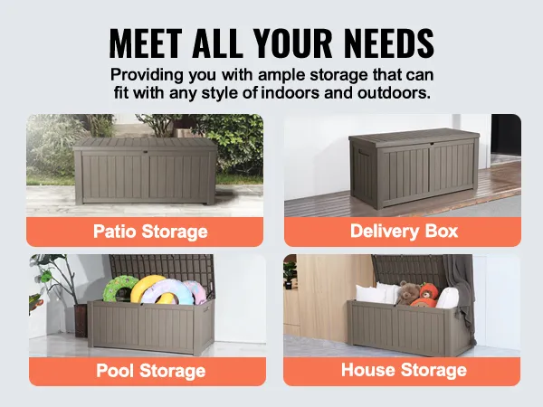 VEVOR deck box: patio, delivery, pool, and house storage options for versatile outdoor and indoor use.